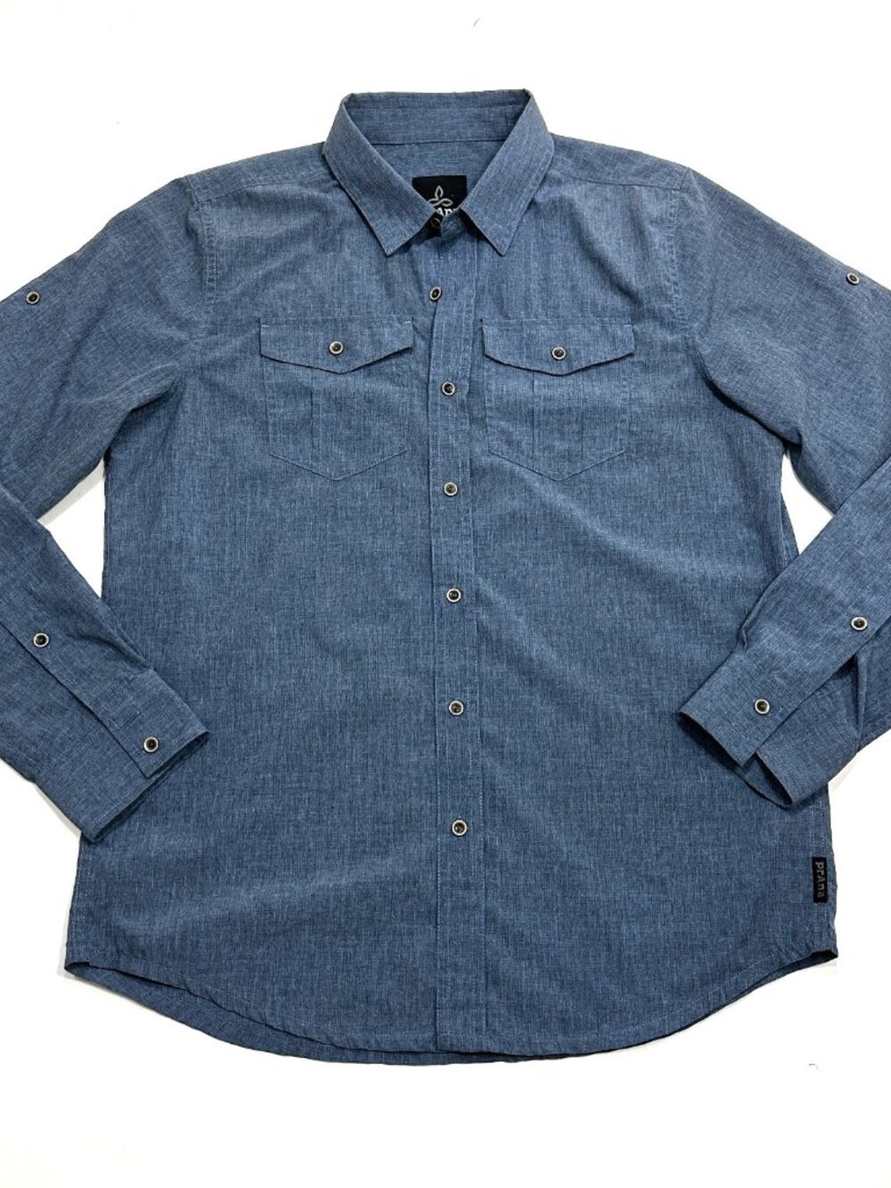prAna Mens Small Blue Chambray Long Sleeve Button Up Shirt Roll Tab Hiking